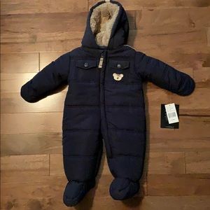 6/9 month Navy Blue with tan faux fur snow suit